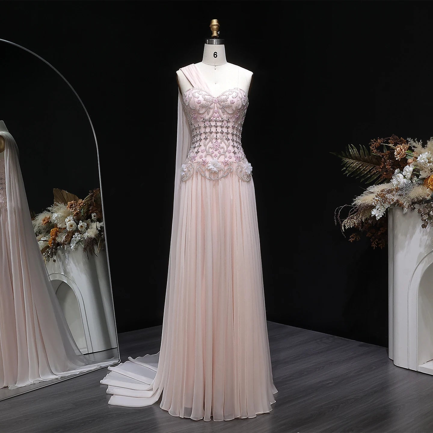 Sharon Said Elegant One Shoulder A Line Evening Dress with Cape 3D Flowers Crystal Beaded Formal Party Gowns SS285 Customized