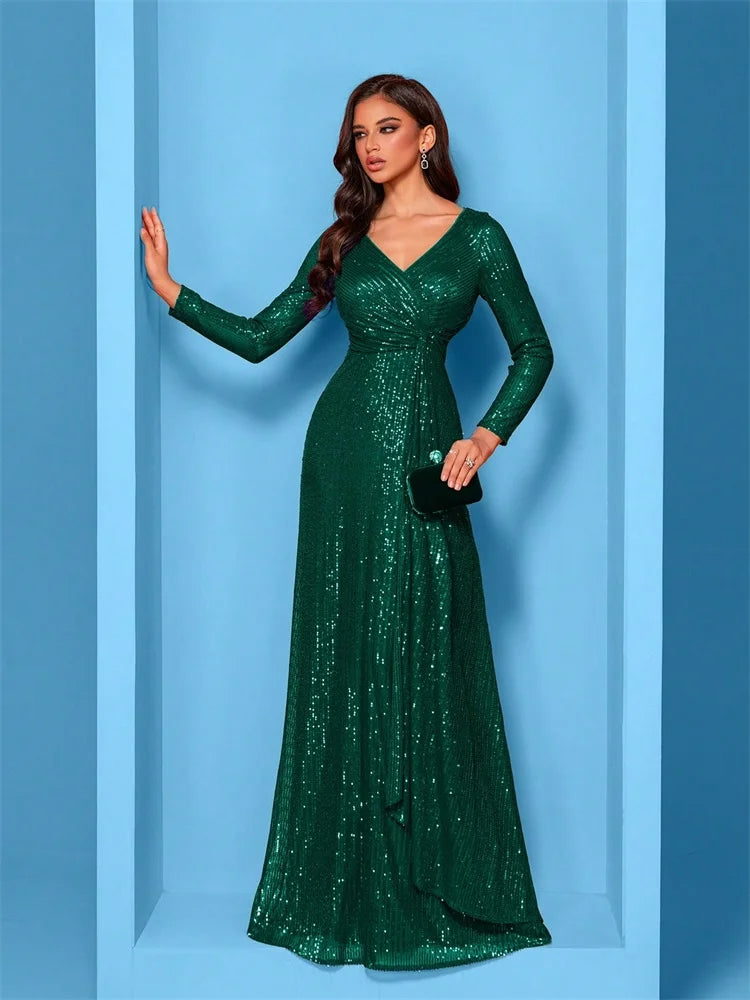 Luxury Floor Length V-Neck Evening Dress Women Elegant Party Maxi Dress Sequin Long Sleeves Prom Cocktail Dress Gowns