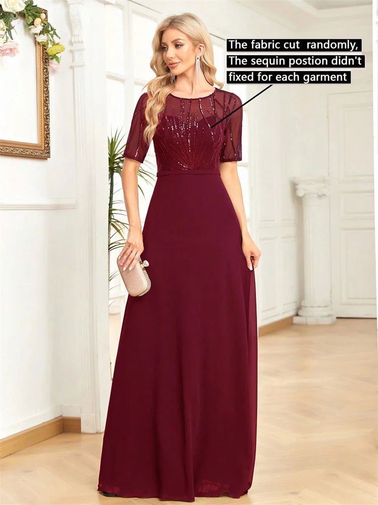 Elegant Short Sleeves Sequins Formal Evening Dresses Women Chiffon Mermaid Bridesmaid Party Maxi Prom Cocktail Gowns