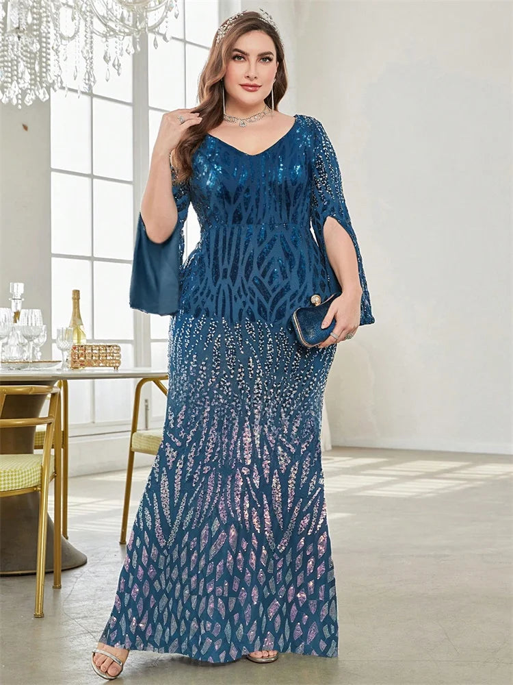 Plus Size Elegant Sequin Black Evening Dress 2025 Women Formal Maxi Prom Long Sleeves Party Luxury Cocktail Dress