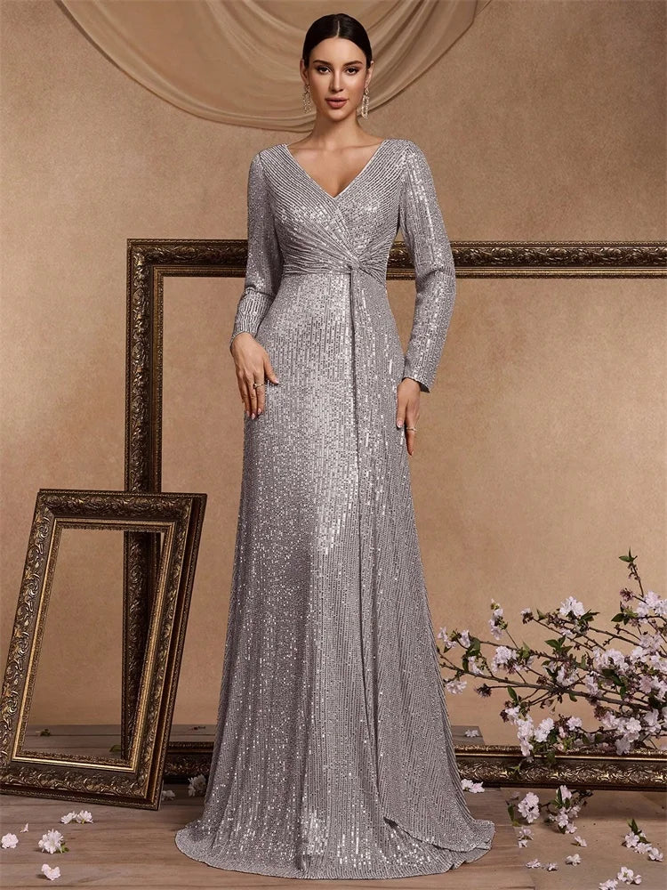 Luxury Grey Floor Length V-Neck Evening Dress Women Elegant Party Maxi Dress Sequin Long Sleeves Prom Cocktail Dress Gowns