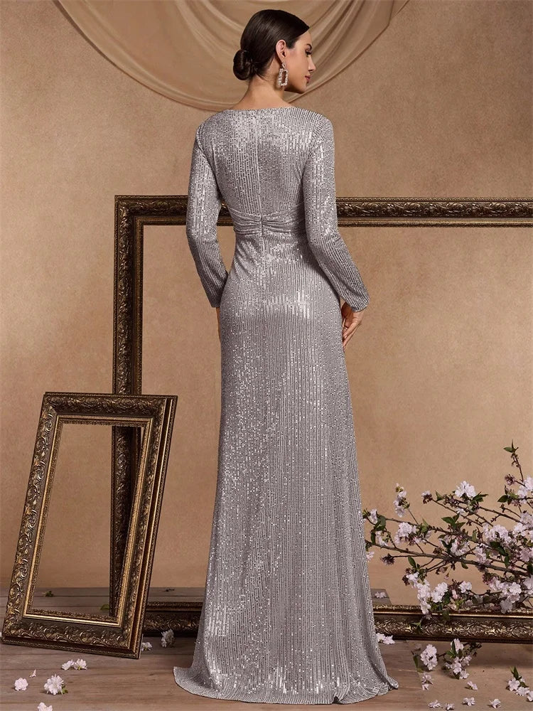 Luxury Grey Floor Length V-Neck Evening Dress Women Elegant Party Maxi Dress Sequin Long Sleeves Prom Cocktail Dress Gowns