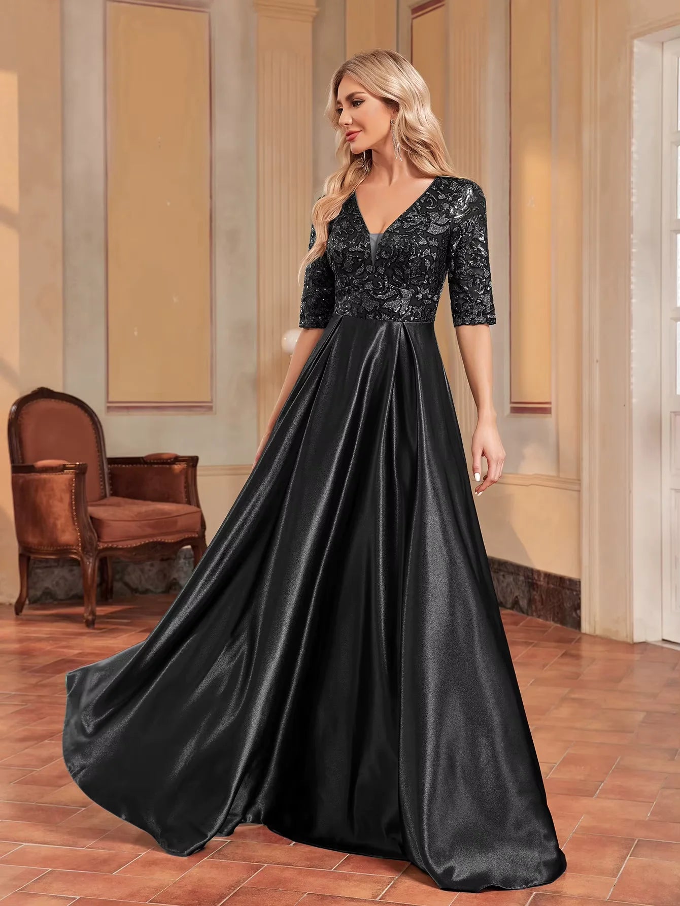 Luxury Black Short Sleeve Satin Splicing V-Neck Evening Dresses Women Sequins elegant Party Floor Lenght Cocktail Gowns