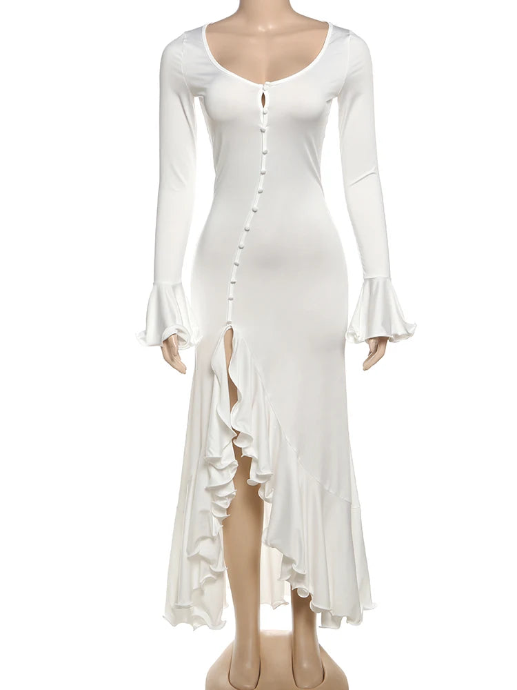 Weird Puss Elegant Women Dress Single-Breasted Irregular Split Ruffles Full Sleeve Autumn Trend Low-Neck Banquet Party Vestidos