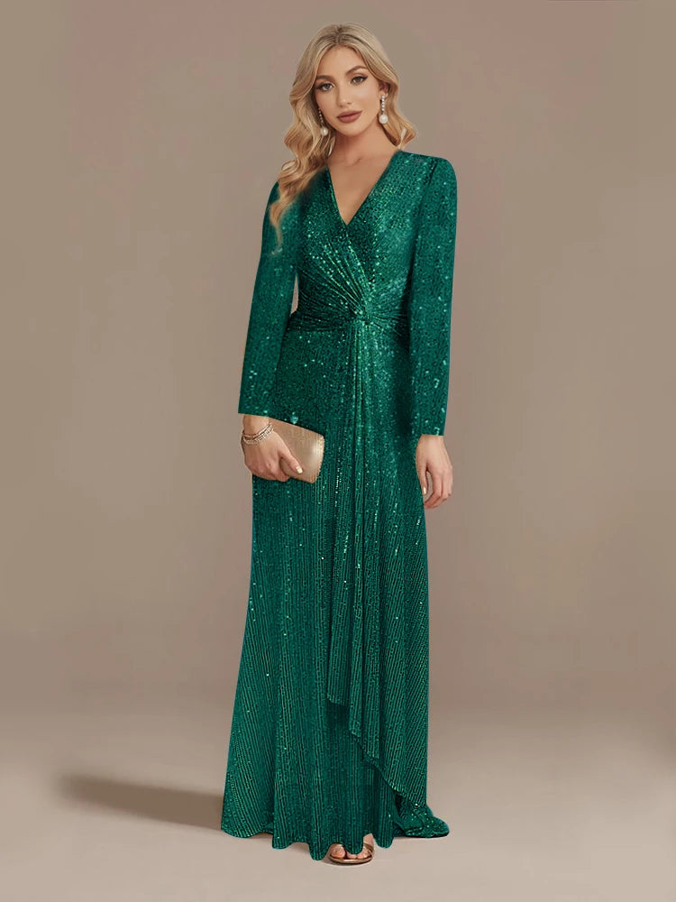 Luxury Floor Length V-Neck Evening Dress 2025 Women Elegant Party Maxi Dress Sequin Long Sleeves Prom Cocktail Dress
