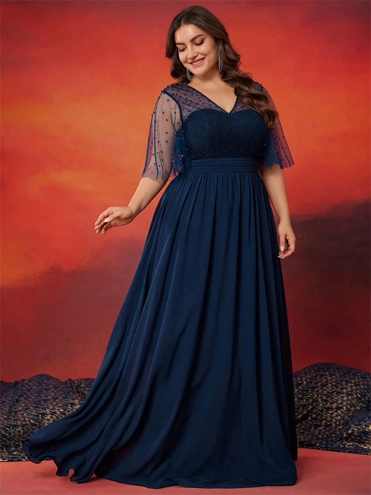 Plus Size Luxury V-Neck Chiffon Blue Evening Dress Women Elegant V-back Wedding Party Long Prom Cocktail Dress
