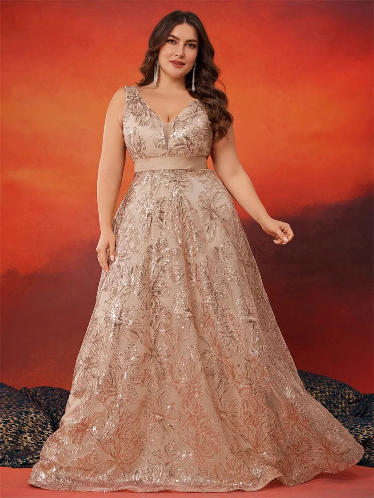 Plus Size Luxury Deep V-Neck Sequins Blue Evening Dress Women Elegant V-back Wedding Party Long Prom Cocktail Dresses