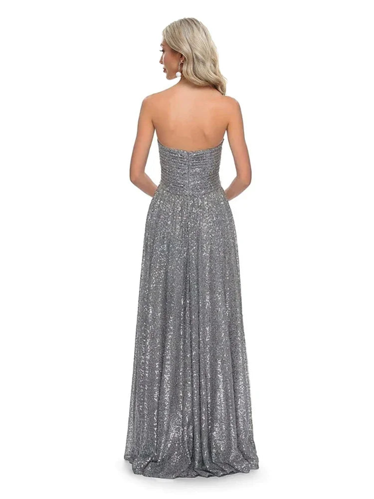 Luxury Silver Strapless Sequins Cocktail Mermaid Dresses Backless Women Wedding Party Prom Evening Gowns