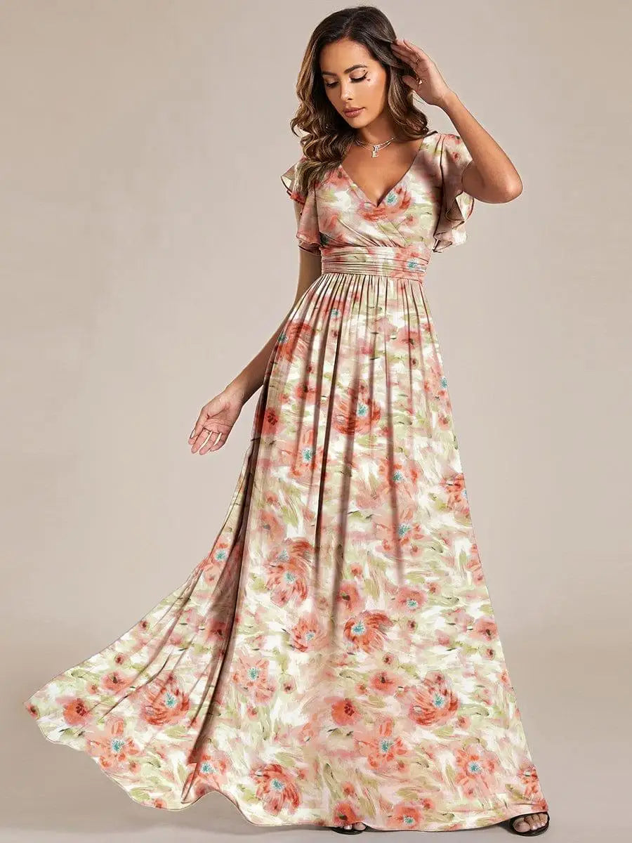 BAZIIINGAAA Party Dress Floral V-Neck Open Back Ruffled Sleeves Chiffon Bridesmaid Dress Evening dress