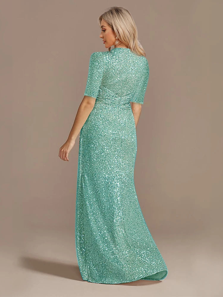 Luxury Floor Length V-Neck Evening Dresses Women Elegant Wedding Party Maxi Dress Sequins Short Sleeves Prom Cocktail Gowns