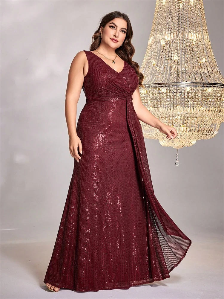 Plus Size Luxury Red V-Neck Sequins Graduation Evening Dresses Women Elegant Mermaid Wedding Party Floor-length Cocktail Gowns