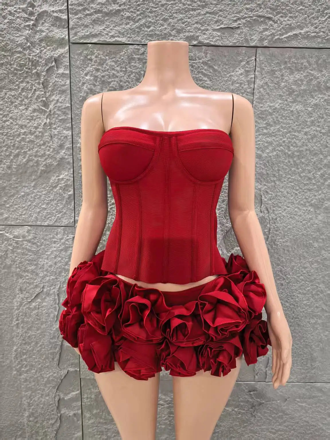 Red Color Women Sexy Strapless Full Florlas Bodycon Mini Bandage Dress 2 Pieces Set Celebrate Nightclub Party Birthday Wear