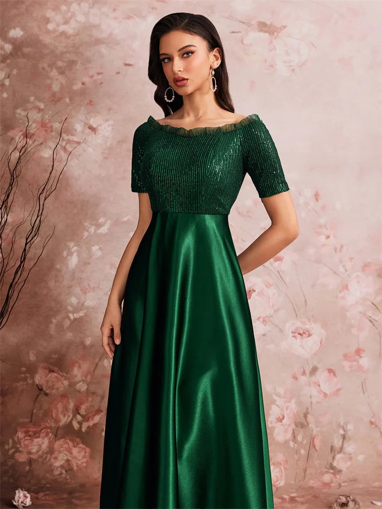 Luxury Green Satin V-Neck Evening Dress Women Satin Wedding Party Prom Floor Lenght Cocktail Dress Off-shoulder Gown