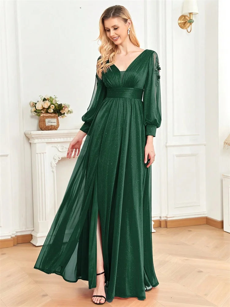 Elegant Long Sleeves Floor Length Split Party Evening Dress Women 2024 Luxury Backless Weedding Dress Cocktail Prom