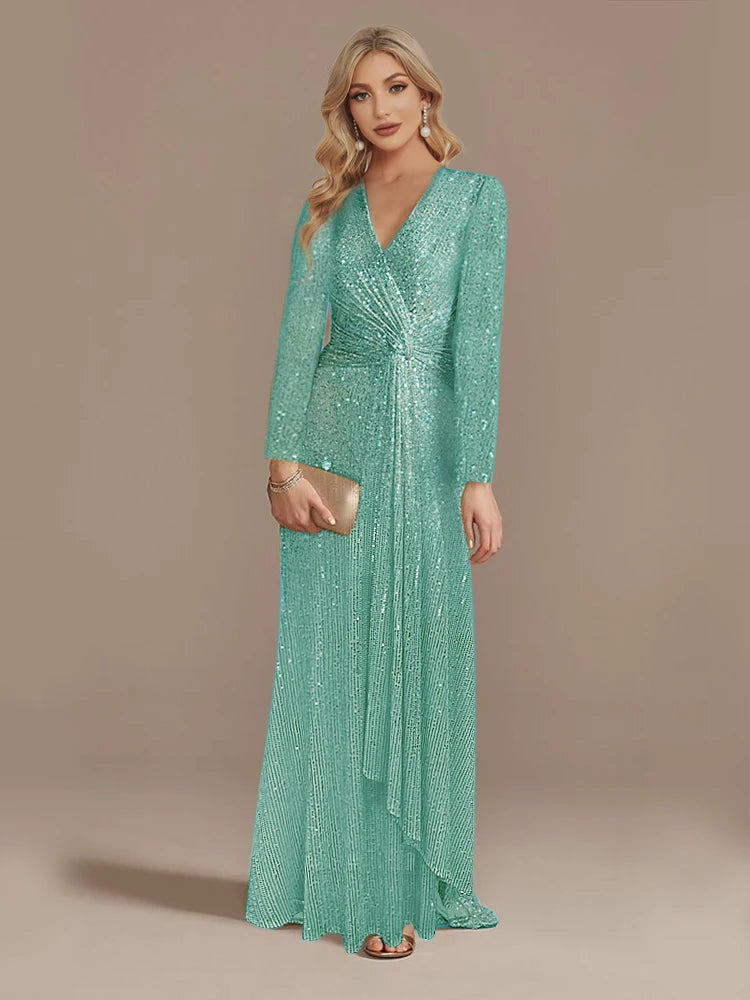 2025 Luxury Floor Length V-Neck Evening Dresses Women Elegant Party Maxi Dress Sequin Long Sleeves Prom Cocktail Gowns