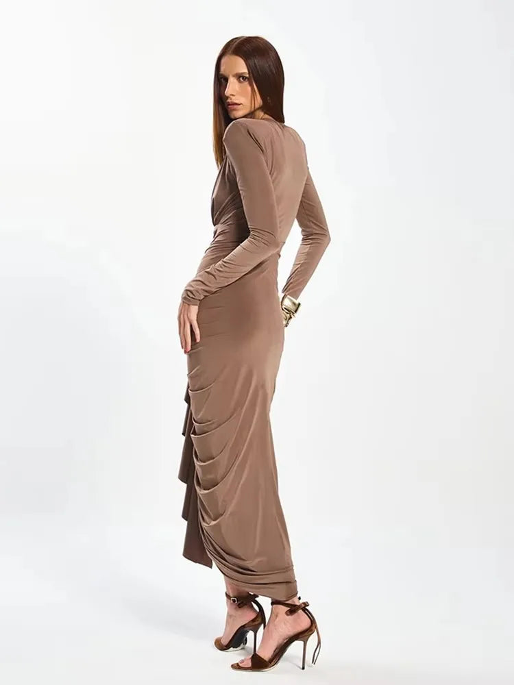 Weird Puss Ruched Ruffles Maxi Dress Deep V-Neck Full Sleeve Elegant Sexy Stretch Skinny Birthday Evening Cocktail Party Bodycon