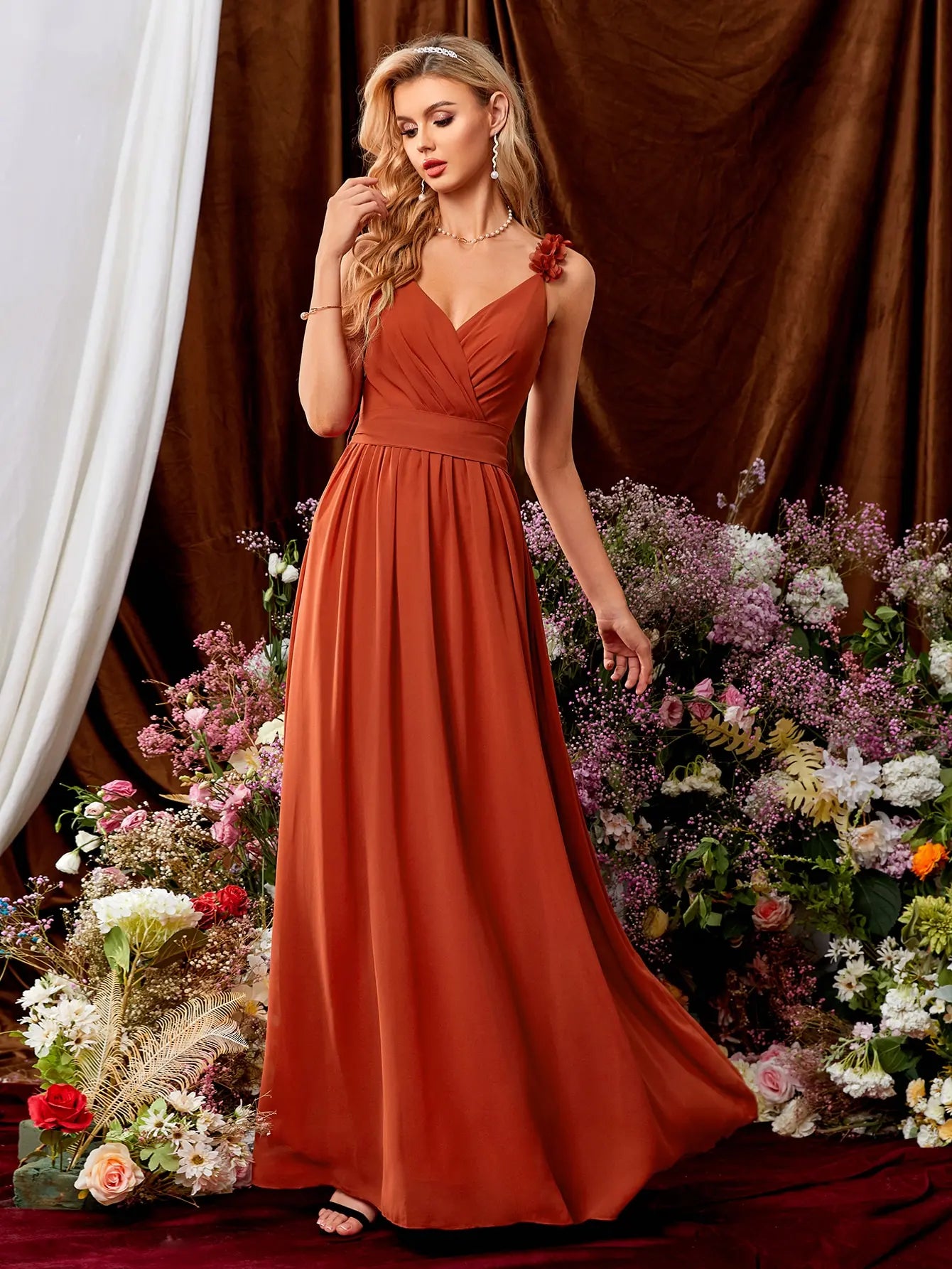 Mgiacy V-neck backless cross pleated three-dimensional flower elegant evening gown ball dress Party dress Bridesmaid dress