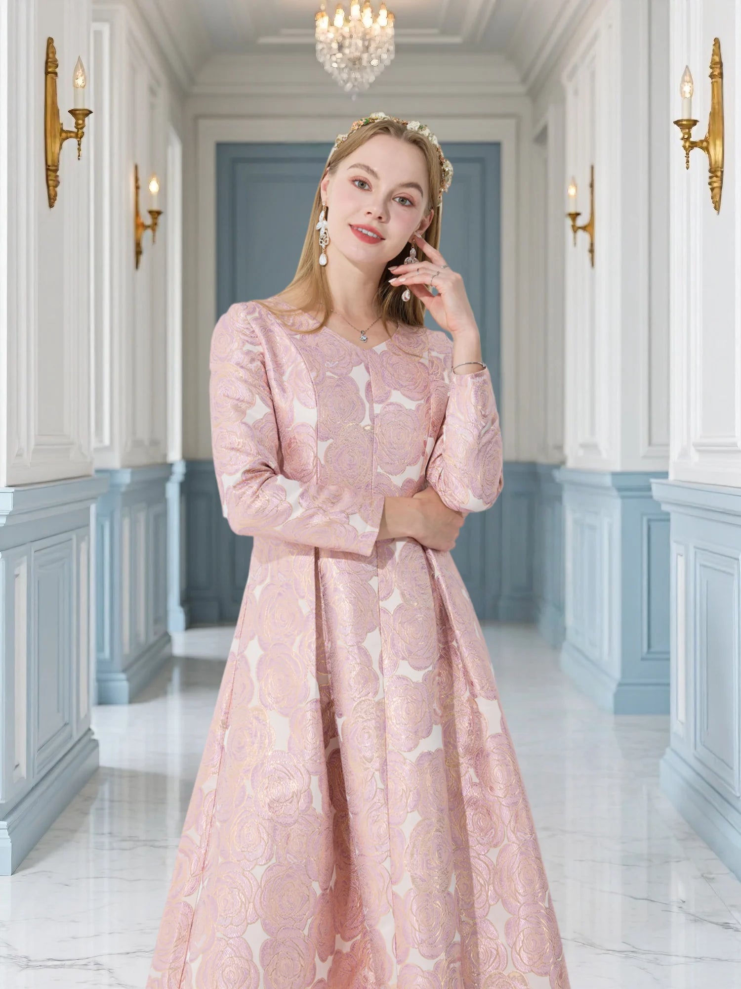 Elegant Women Long Maxi Jacquard Dress Party Fashion Floral Clothing  New Arrival Evening Vintage Ladies Ball Gown Vestido