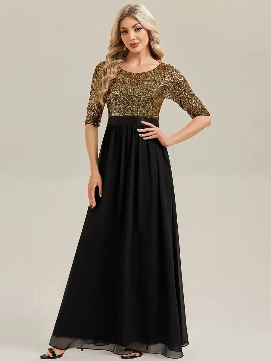 BAZIIINGAAA Party Dress 3/4 Sleeve Sequin Patchwork A-Line Floor Length Evening Dresses