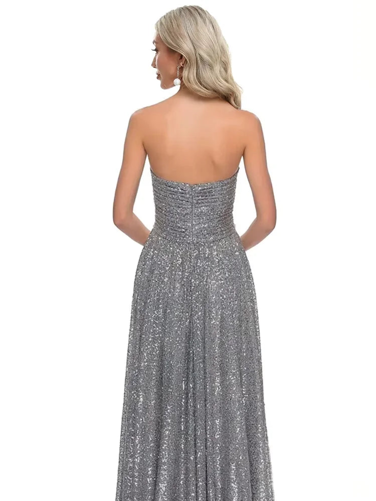 Luxury Silver Strapless Sequins Cocktail Mermaid Dresses Backless Women Wedding Party Prom Evening Gowns