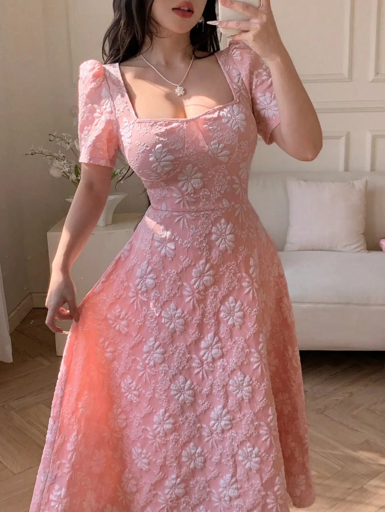 Pink Floral Jacquard A-Line Midi Dress with Square Neck and Puff Sleeves
