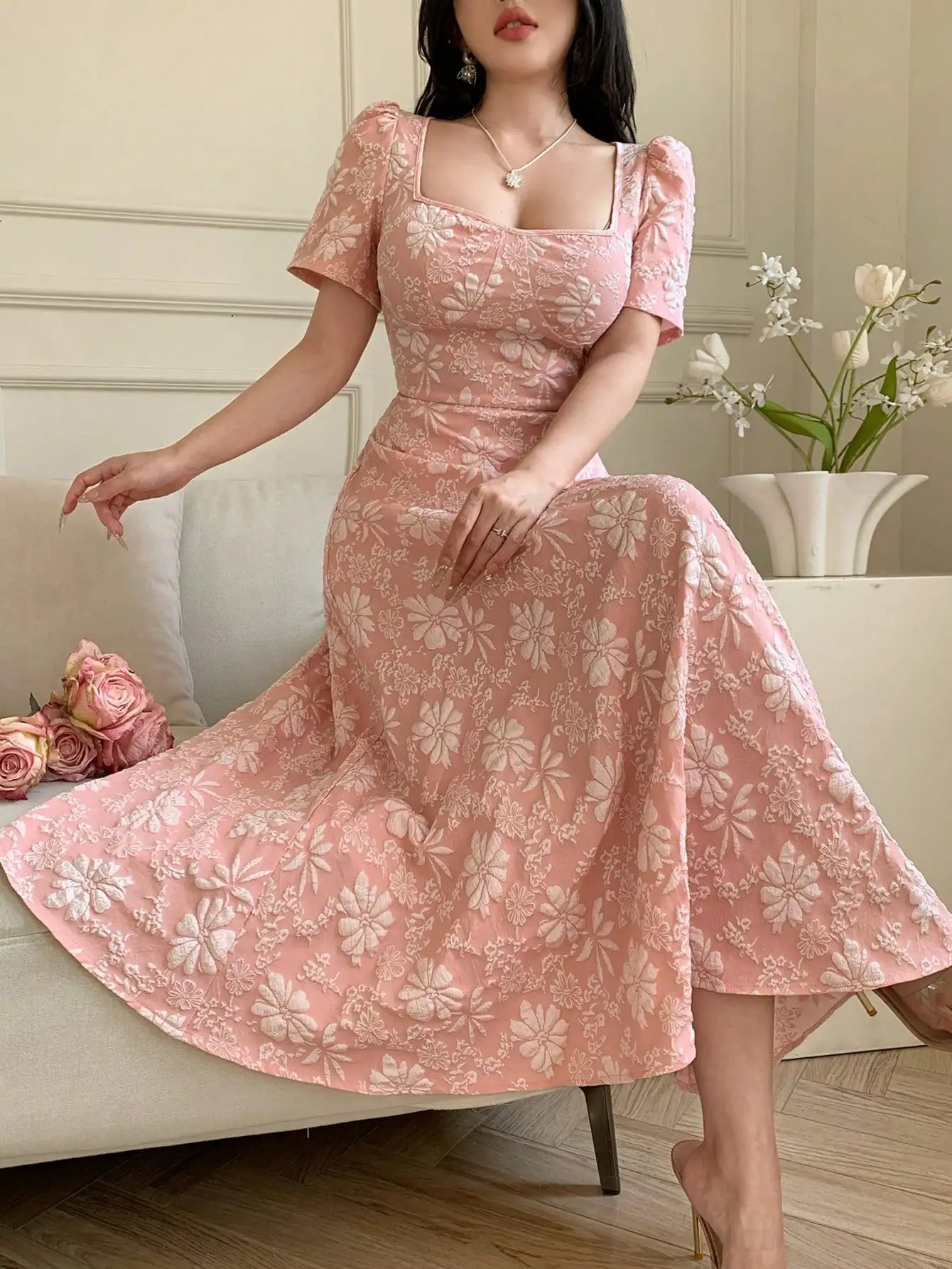 Pink Floral Jacquard A-Line Midi Dress with Square Neck and Puff Sleeves