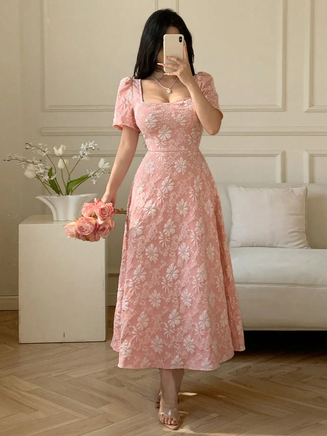 Pink Floral Jacquard A-Line Midi Dress with Square Neck and Puff Sleeves