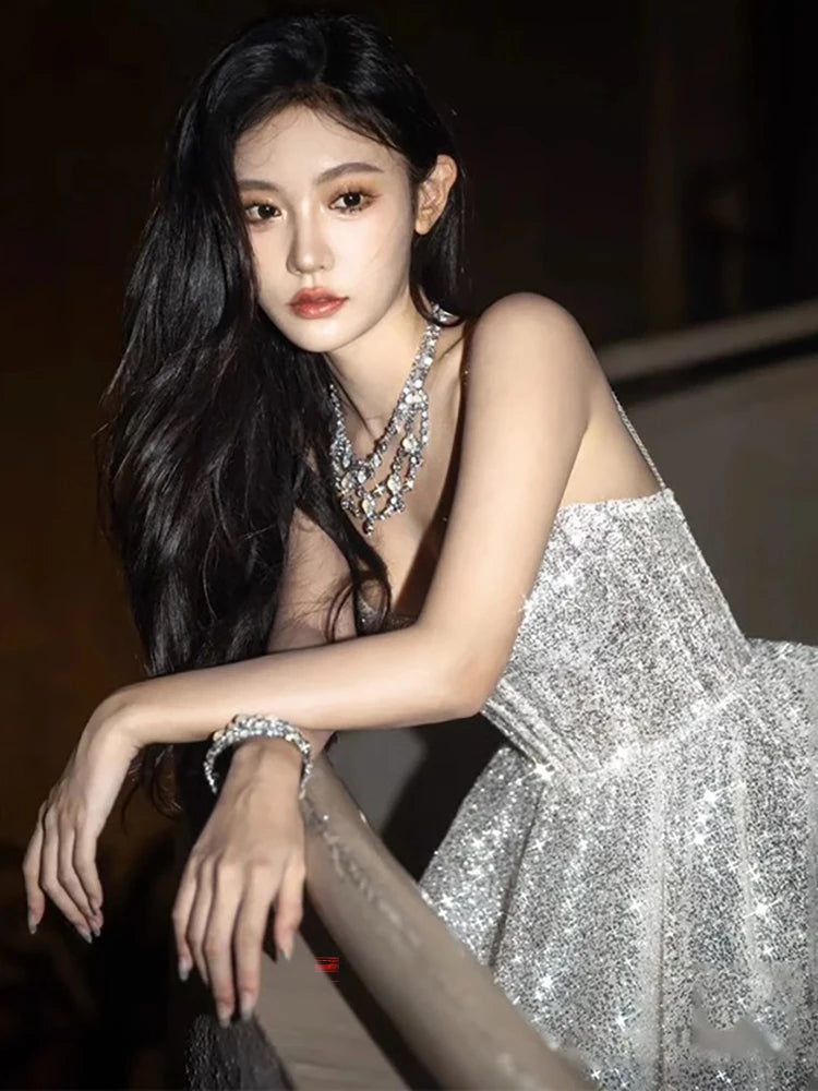 DEAT Fashion Silver Sequined Strapless Dress Women's Slach Neck Slim Fit High Big Swing Ankle-length Dresses New 7A438