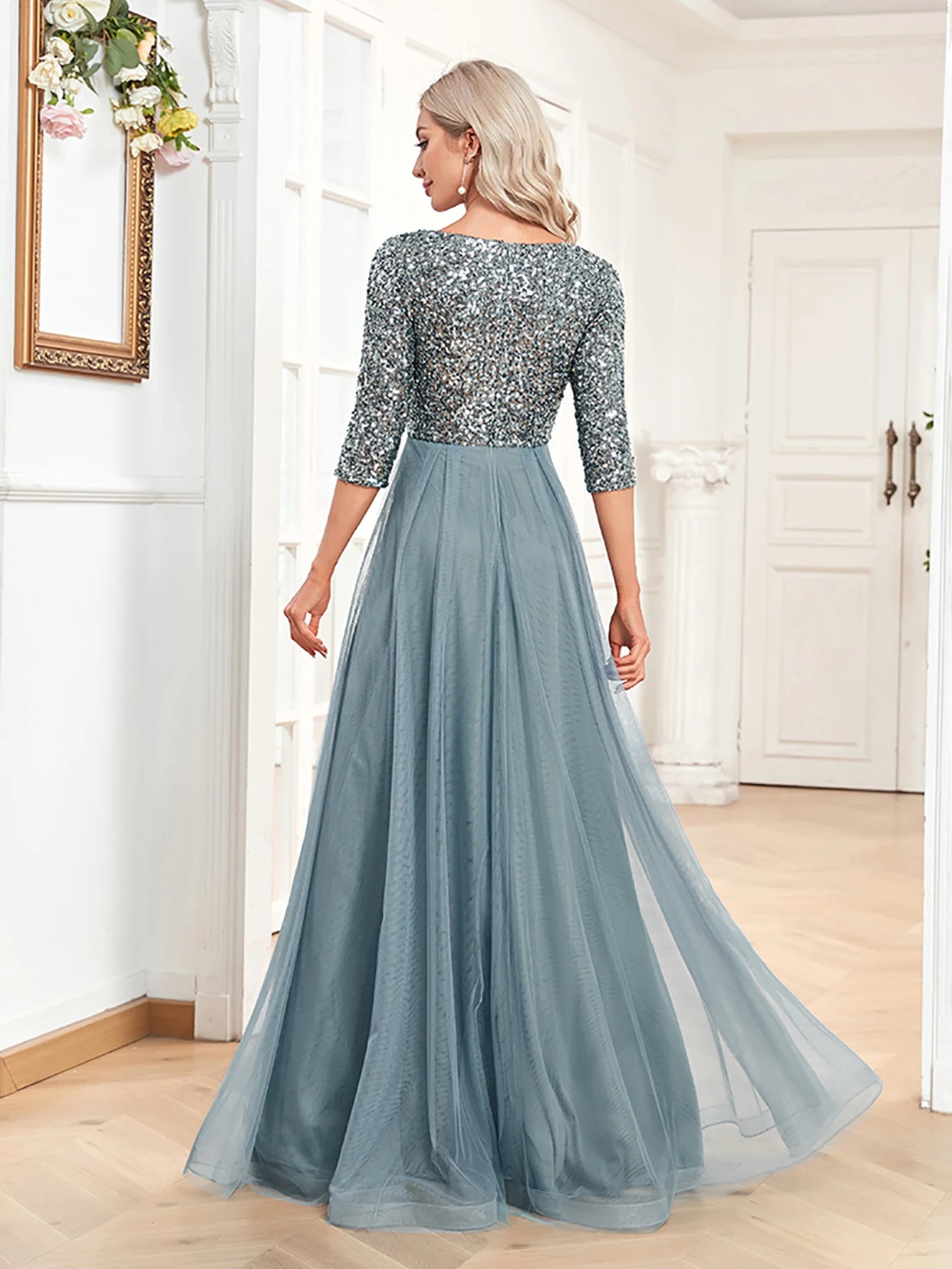 Luxury Floor Length V-Neck Tulle Splicing Evening Dress Women Elegant Party Maxi Sequins Short Sleeves Cocktail GownS