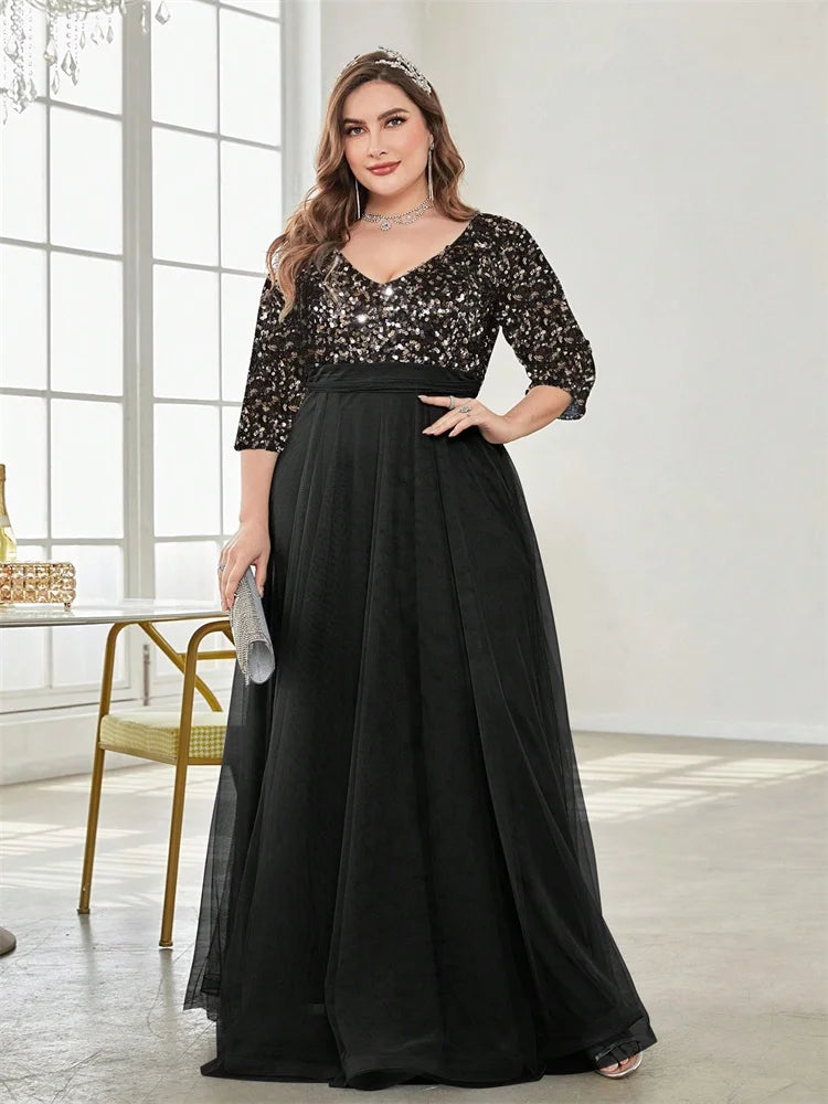 Plus Size Elegant V-neck Sequins Splicing Evening Dresses Luxury Women Wedding Party Prom Long Sleeve Cocktail Gowns