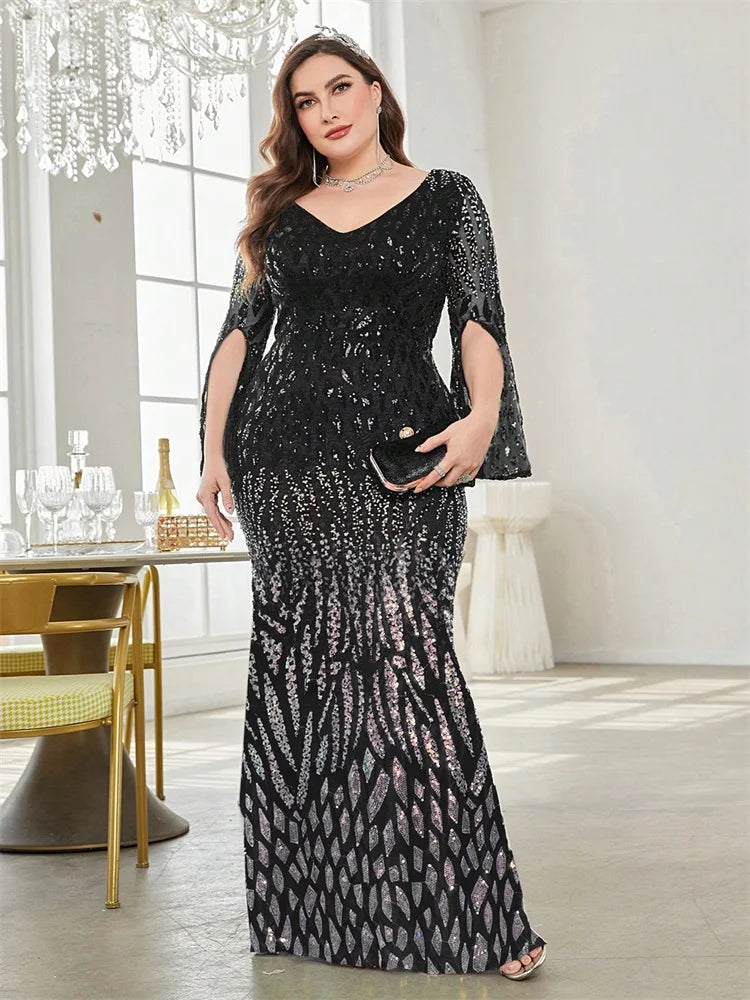 Plus Size Elegant Sequin Black Evening Dress 2025 Women Formal Maxi Prom Long Sleeves Party Luxury Cocktail Dress