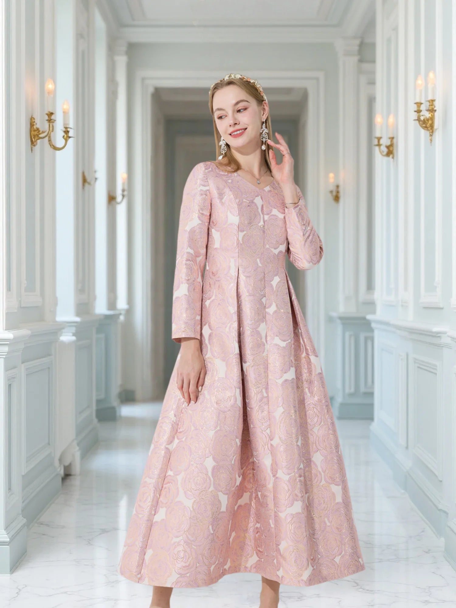 Elegant Women Long Maxi Jacquard Dress Party Fashion Floral Clothing  New Arrival Evening Vintage Ladies Ball Gown Vestido