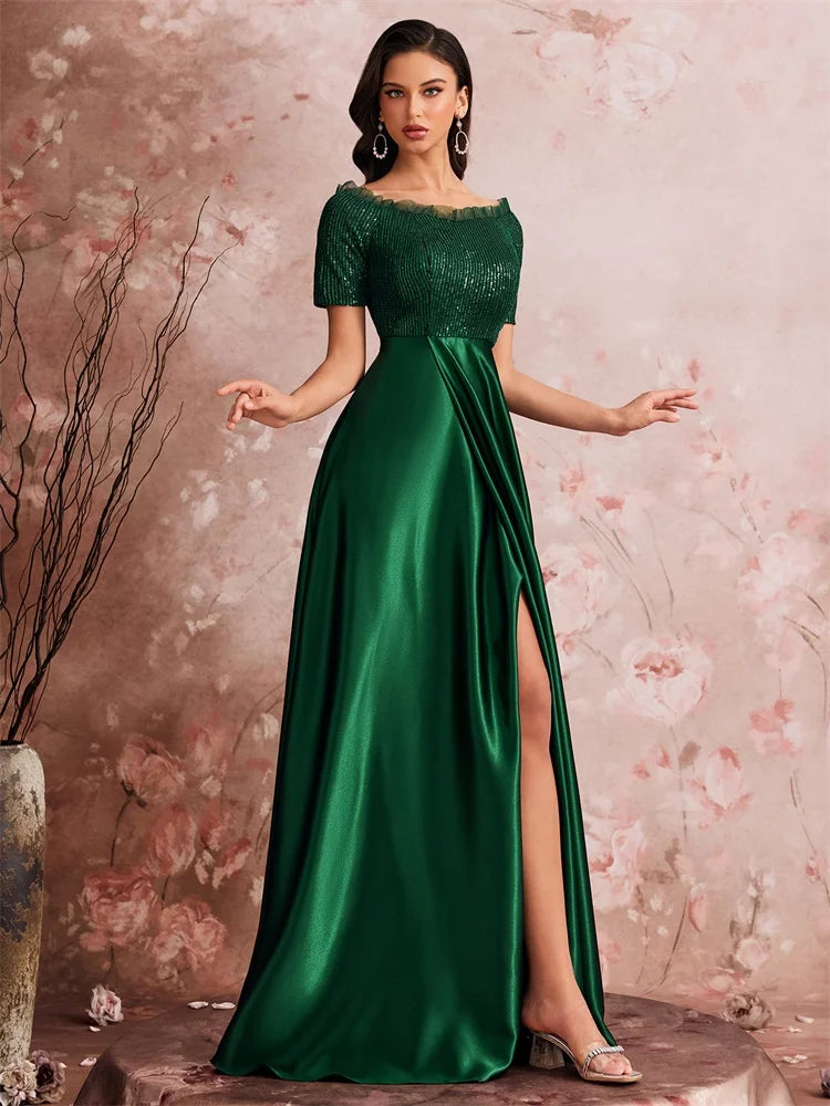 Luxury Green Satin V-Neck Evening Dress Women Satin Wedding Party Prom Floor Lenght Cocktail Dress Off-shoulder Gown