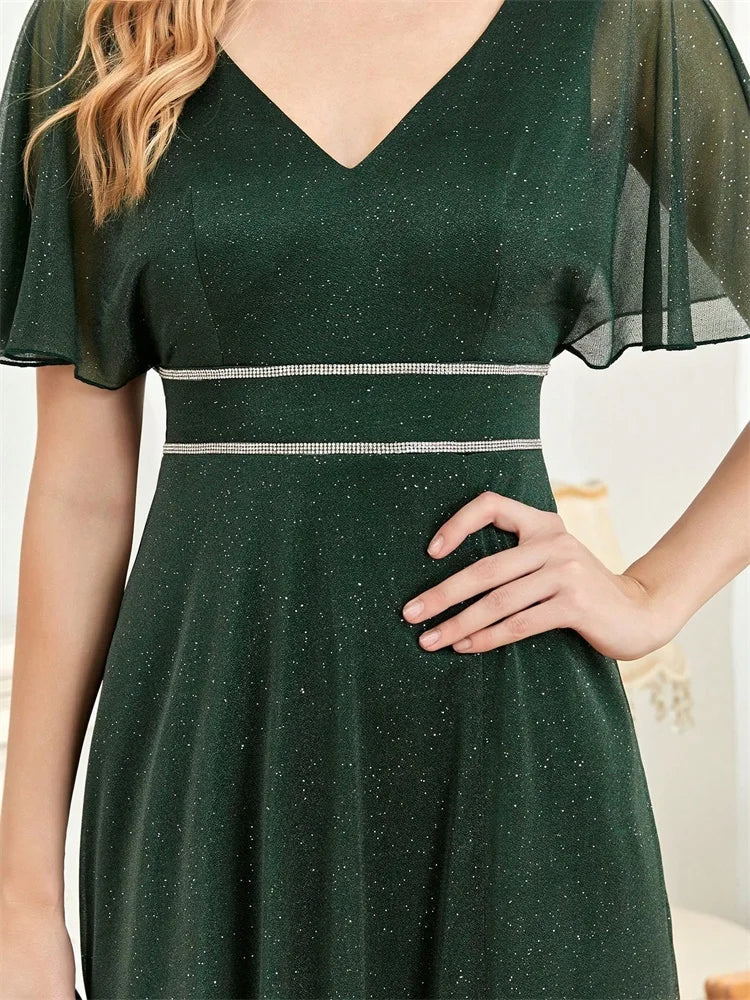 Elegant Short Sleeves Evening Dresses Women V-Neck Green Floor Lenght Shinning Slit Wedding Party Long Prom Graduation Gowns