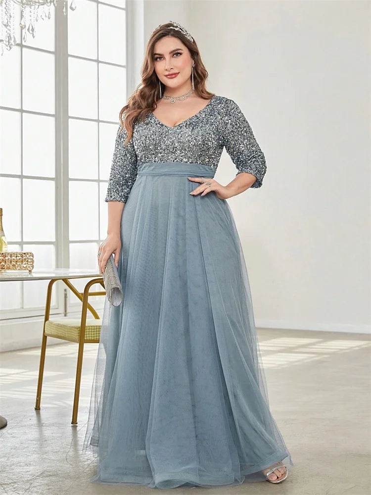 Plus Size Elegant V-neck Sequins Splicing Evening Dresses Luxury Women Wedding Party Prom Long Sleeve Cocktail Gowns