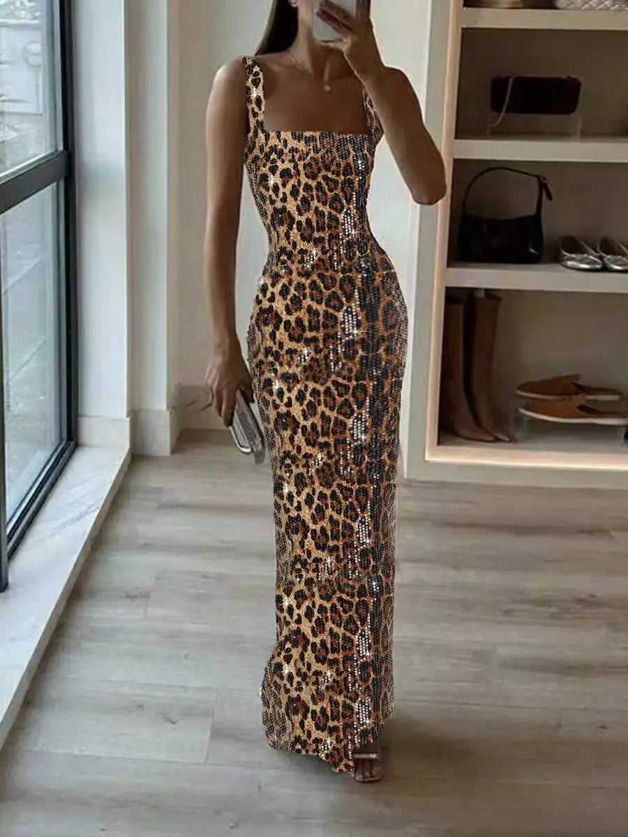 Silver Sequin Square Neck Sleeveless Fishtail Backless Evening Dress for Prom Wedding Guest