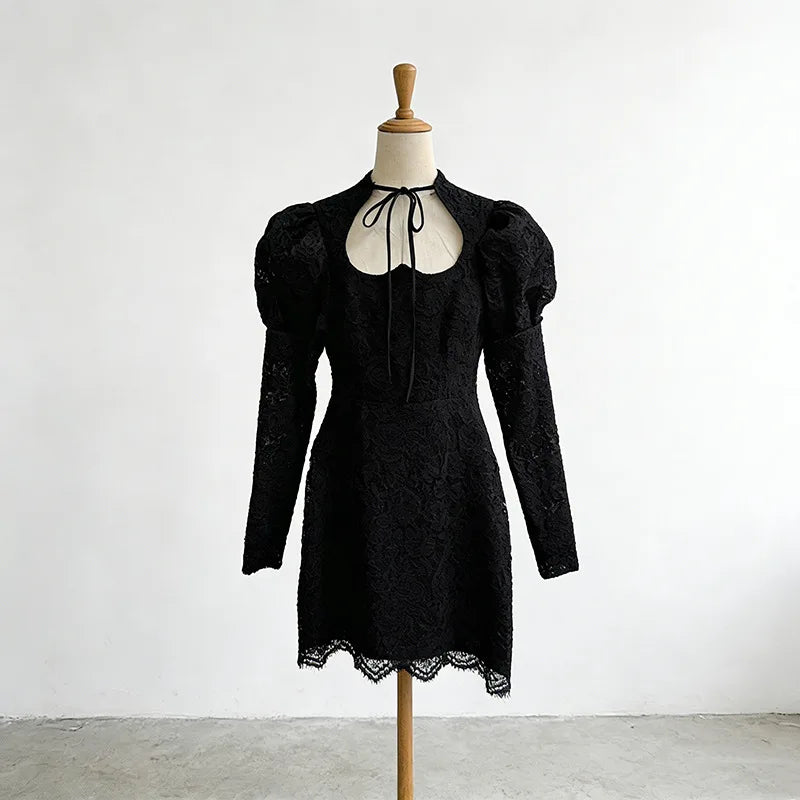 Elegant Lace Embroidery Dresses Spring Women Long Sleeve Lace Up Irregular Dress Autumn Female High Waist Straight Mini Dress