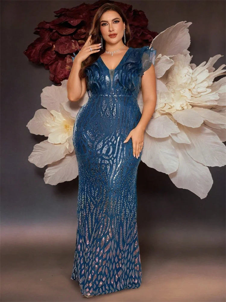 Plus Size Elegant Blue Evening Dress For Women Luxury Long Mermaid Formal Sequins Prom Wedding Party Cocktail Gowns
