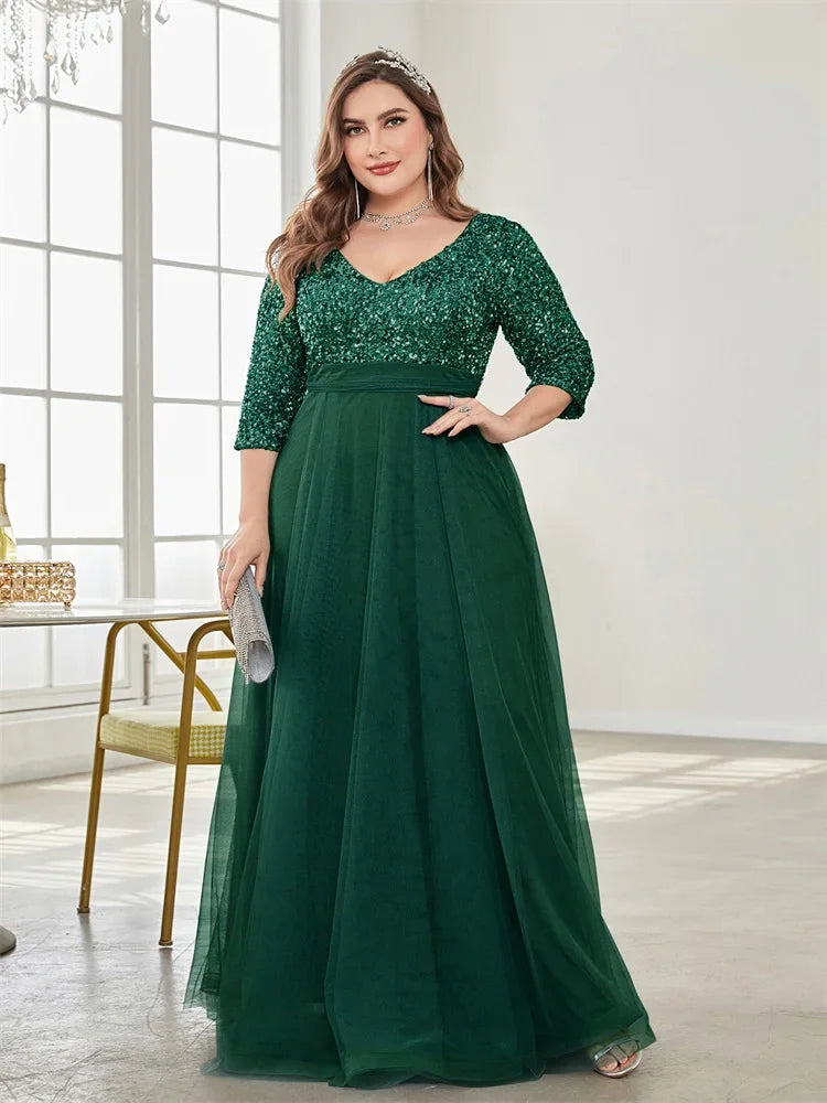 Plus Size Elegant V-neck Sequins Splicing Evening Dresses Luxury Women Wedding Party Prom Long Sleeve Cocktail Gowns
