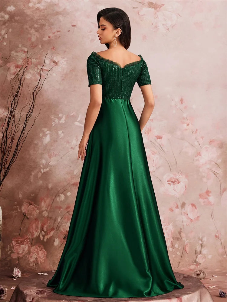 Luxury Green Satin V-Neck Evening Dress Women Satin Wedding Party Prom Floor Lenght Cocktail Dress Off-shoulder Gown