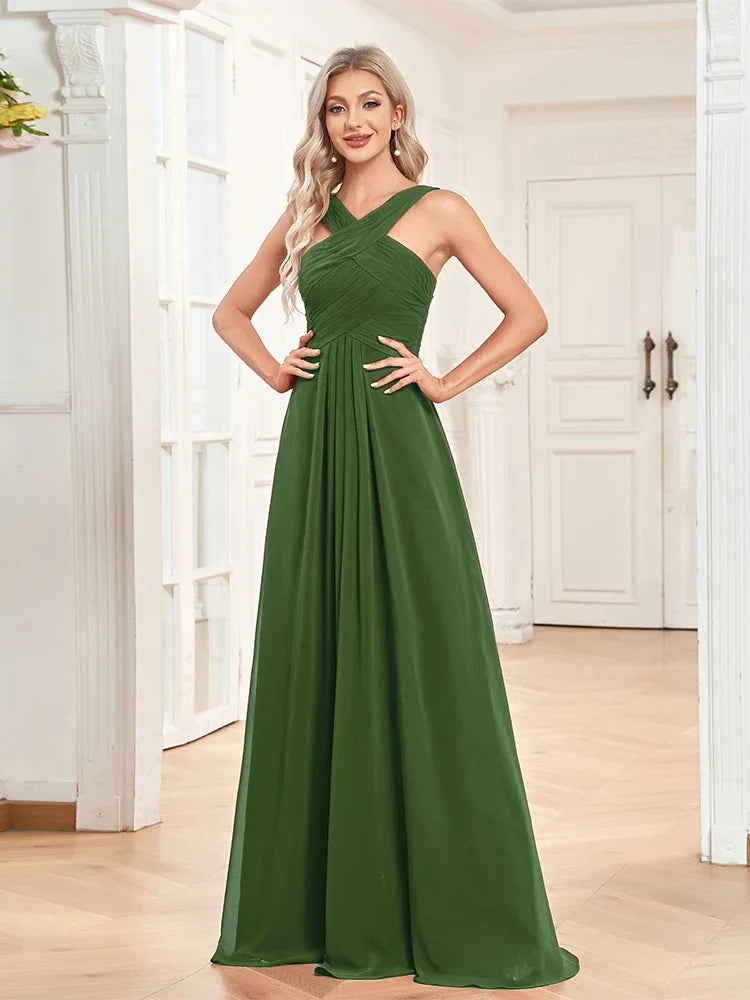 Elegant Chiffon Green Formal Evening Dresses 2025 Women Backless Wedding Party Bridesmaid Floor-lenght Cocktail Gown