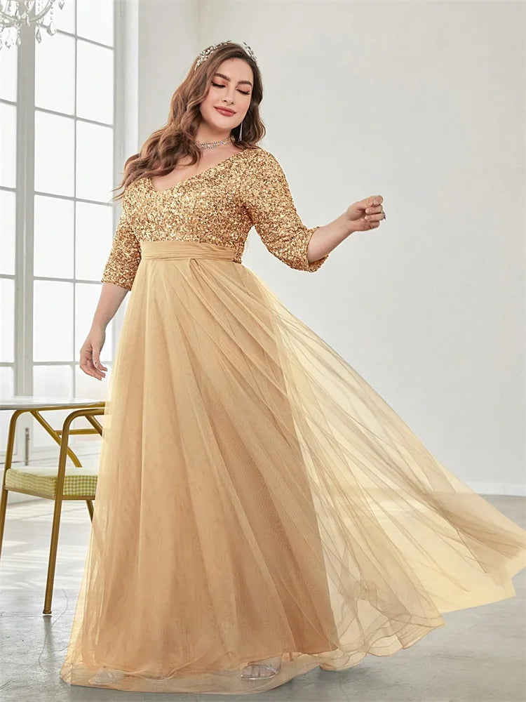 Plus Size Elegant V-neck Sequins Splicing Evening Dresses Luxury Women Wedding Party Prom Long Sleeve Cocktail Gowns