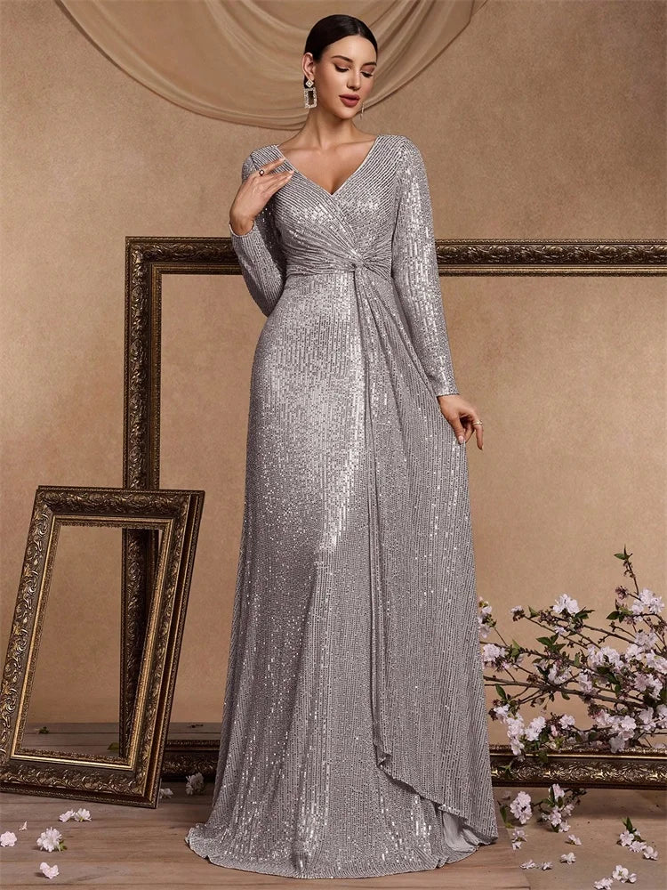 Luxury Grey Floor Length V-Neck Evening Dress Women Elegant Party Maxi Dress Sequin Long Sleeves Prom Cocktail Dress Gowns