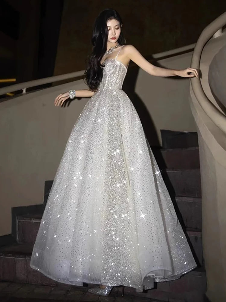 DEAT Fashion Silver Sequined Strapless Dress Women's Slach Neck Slim Fit High Big Swing Ankle-length Dresses New 7A438