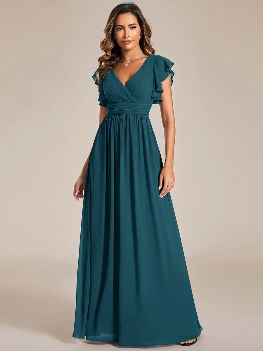 BAZIIINGAAA Party Dress Floral V-Neck Open Back Ruffled Sleeves Chiffon Bridesmaid Dress Evening dress