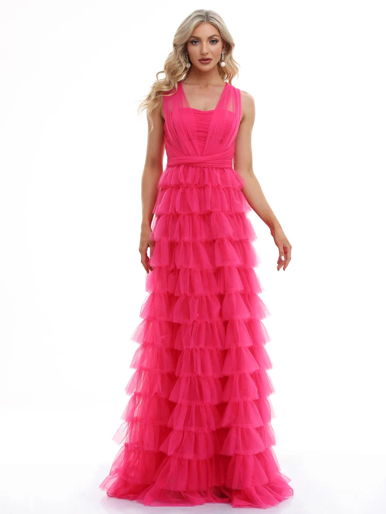 Luxury Sleeveless V-Neck tulle Formal Evening Dresses 2025 Elegant Wedding Party Tulle Women Bridesmaid Cocktail Gowns Prom