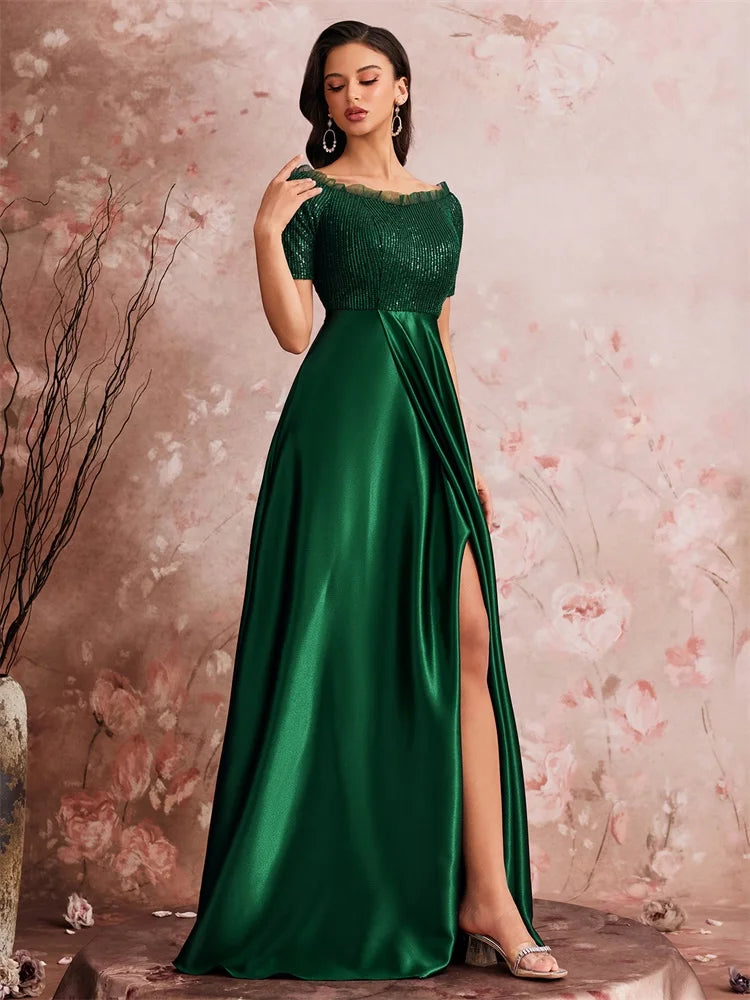 Luxury Green Satin V-Neck Evening Dress Women Satin Wedding Party Prom Floor Lenght Cocktail Dress Off-shoulder Gown